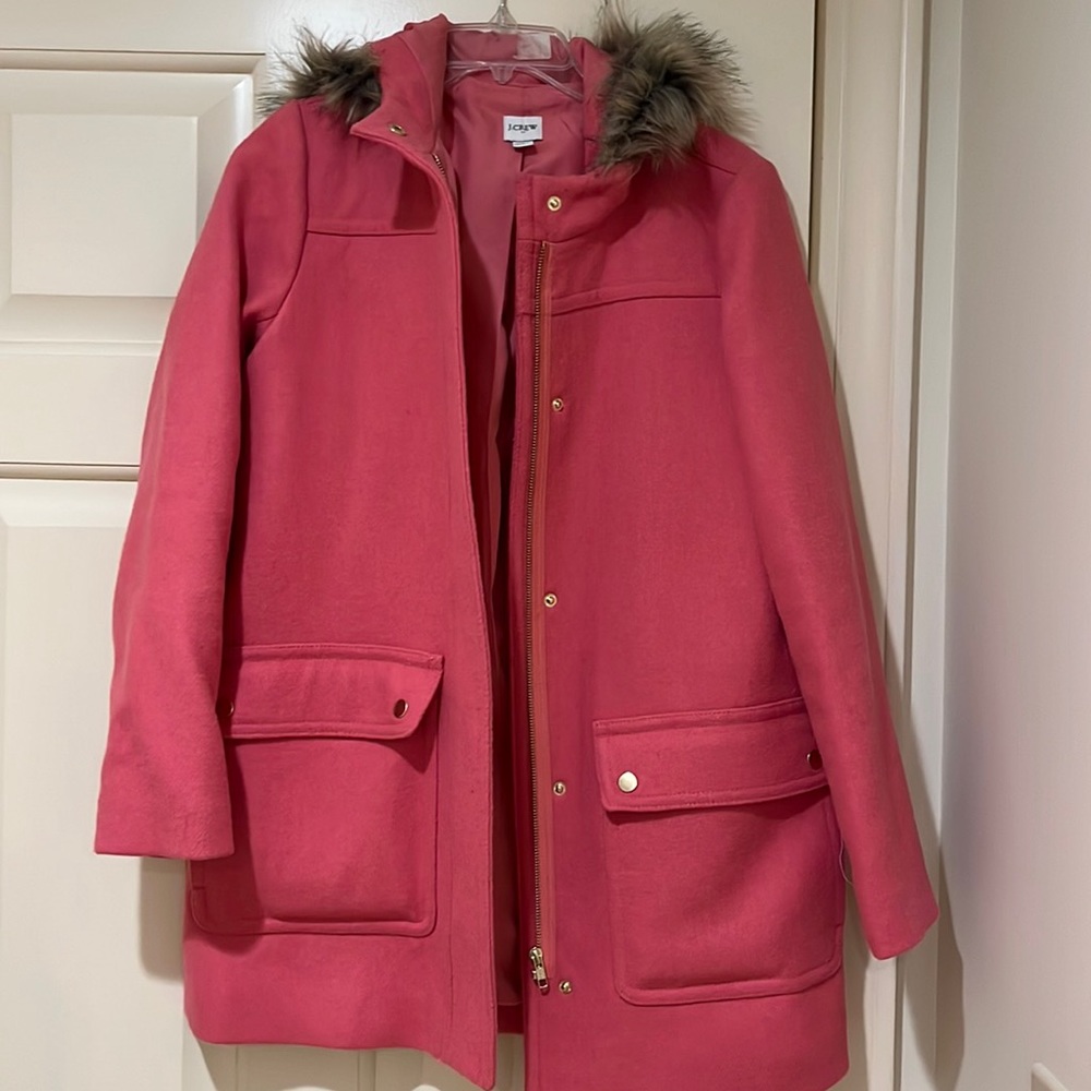 Euc J Crew womens pink Wool fur hooded Jacket